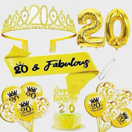 20th Birthday Decorations for Her Girls Set, Include 20th Birthday Crown and 20 Sash, 20th Birthday Cake Topper and 20 Birthday Candles, Gold 20 Balloons, Women 20th Party Supplies(Gold)