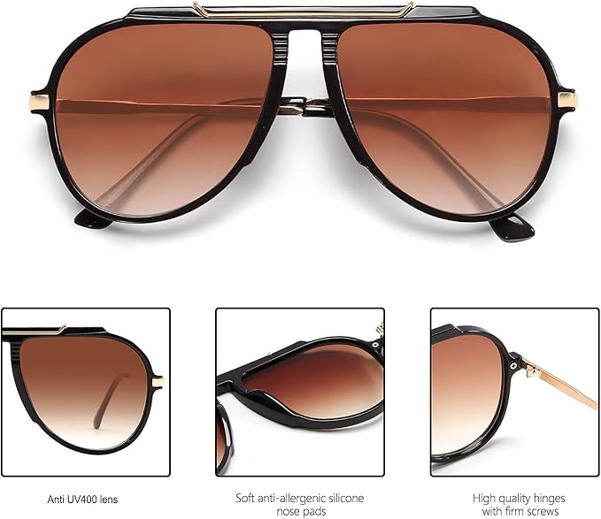 Oversized Aviator Sunglasses for Women Men 2026 70s Retro Gold Metal Sun Glasses Tangle Free Square Aviators