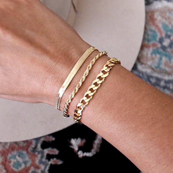 MIDEEO Bracelets for Women Dainty Layered Herringbone Twisted Rope Chain Bracelets Set Layering Dot CZ Leave Beaded Bracelets Dainty Cubic Zirconia Tennis Chain Bracelet Jewelry Gifts