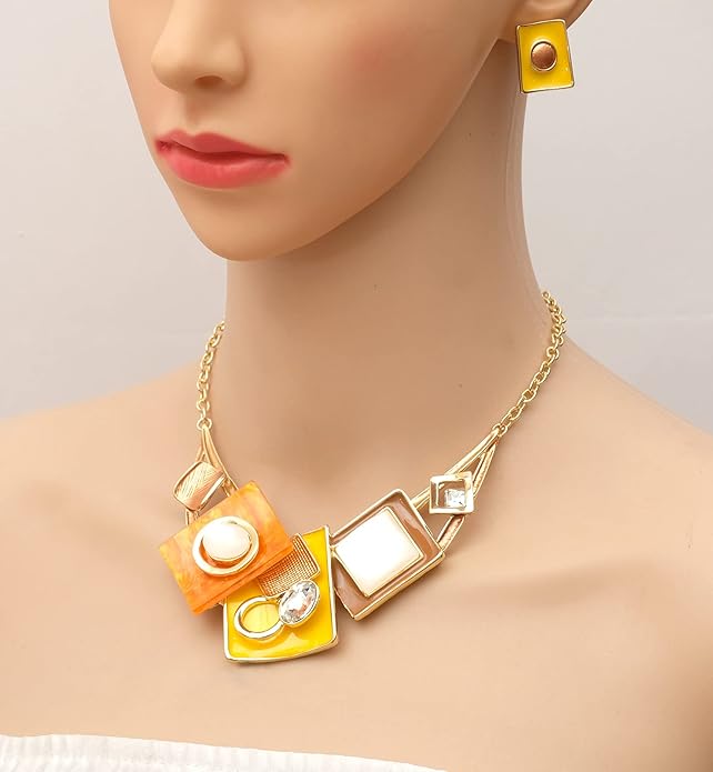 CSY Fashion Boho Oval Crystal Opals Statement Bib Necklace Earrings Bohemian Enamel Costume Jewelry Set Gifts for Women