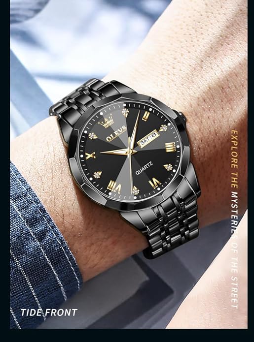 OLEVS Mens Watch Stainless Steel Analog Quartz Watches for Men Day Date Easy Read Diamond Waterproof Dress Luxury Classic Casual Big Face Blue/Black/Gold/Silver Roman Arabic Numerals Men's Wrist Watch