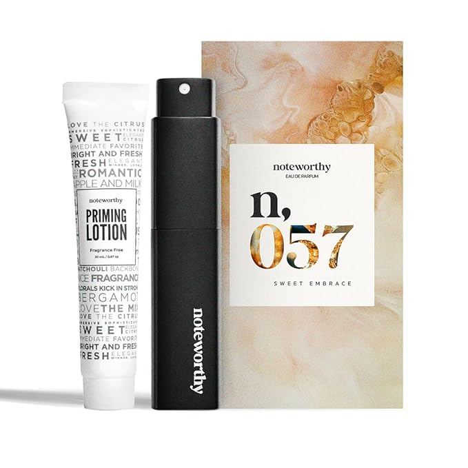 Noteworthy n,057 Sweet Embrace Eau De Parfum – Vanilla, Passionfruit, Tonka Bean | Sophisticated, Warm Fragrance for Any Occasion | Long-lasting Unisex Perfume for Women & Men (Travel+Priming Lotion)