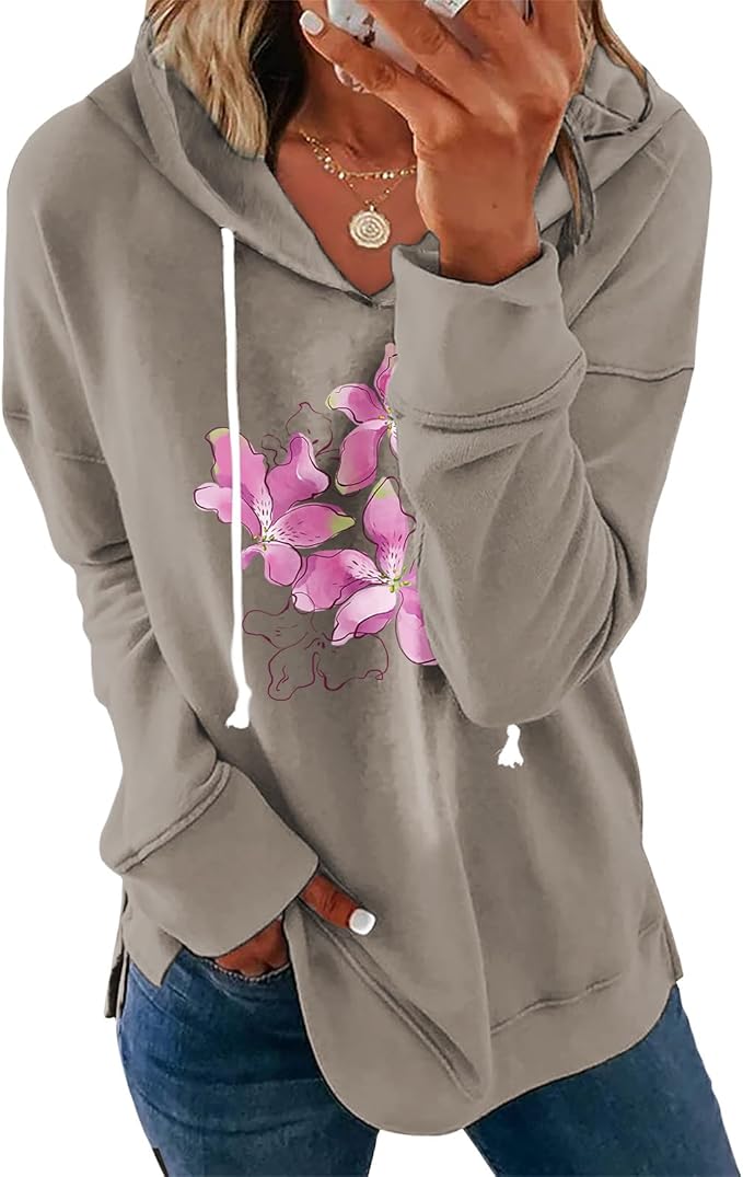Womens Casual Loose Fit Pullover Sweatshirt with Artistic Print Drawstring Hood Long Sleeve Cotton Blend for Fall