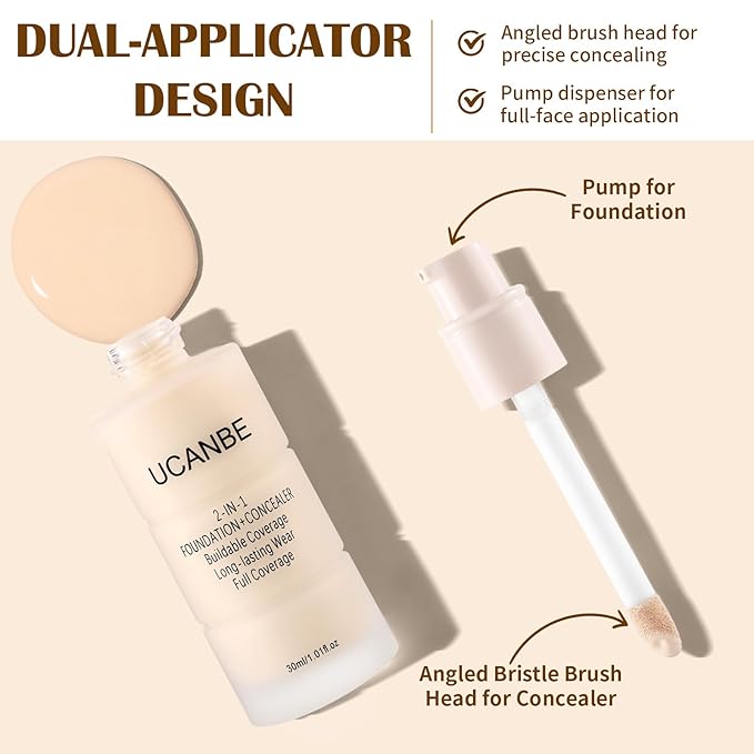 UCANBE 2-IN-1 Foundation + Concealer, Full Coverage Long-Lasting Matte Makeup for Normal, Combination and Oily Skin, Buildable Waterproof Formula with Hyaluronic Acid （02 Classic Ivory）