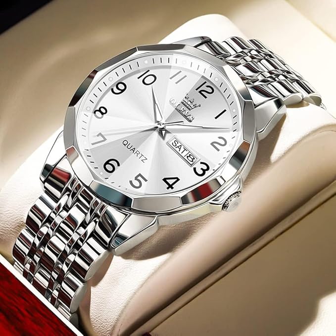 OLEVS Watch for Men Women Large Face Unisex Diamond Luxury Dress Analog Quartz Stainless Steel Waterproof Luminous Date Business Casual Wrist Watch