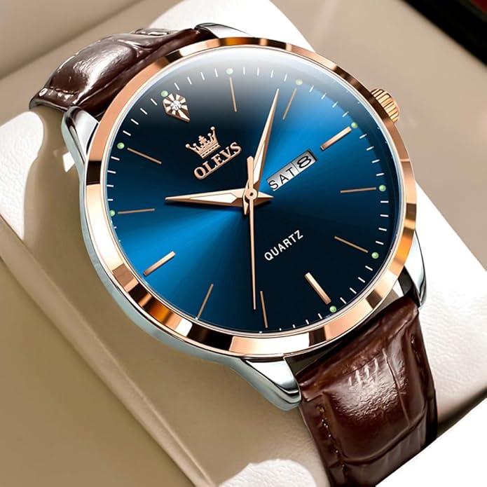 OLEVS Mens Watches, Casual Leather Watches for Men Easy to Read Quartz Number Watch with Date Waterproof Blue/Black/Silver Face Men's Wrist Watches…