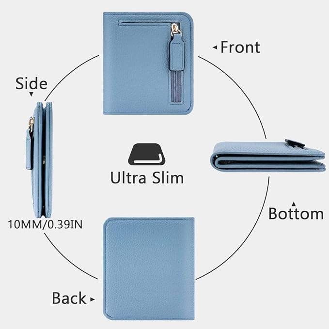 Genuine Leather Wallet for Women Slim Bifold RFID Blocking Secure with Zipper Closure and ID Window (Blue)