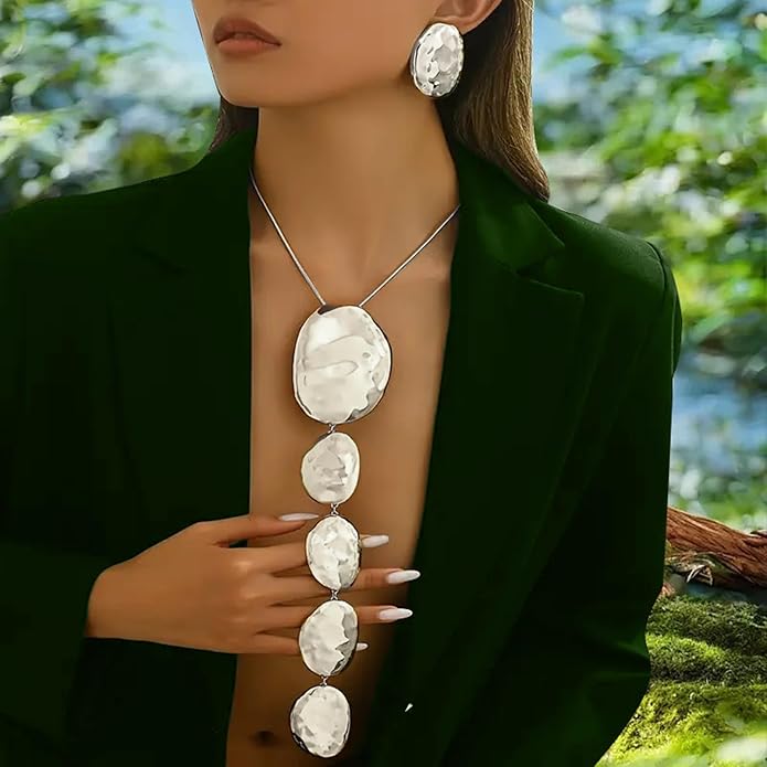 Statement Necklace Earrings Set, 2pcs Geometric Asymmetrical Hammered Texture Graduated Size Extra Long Pendant Necklace & Earrings Jewelry Gifts