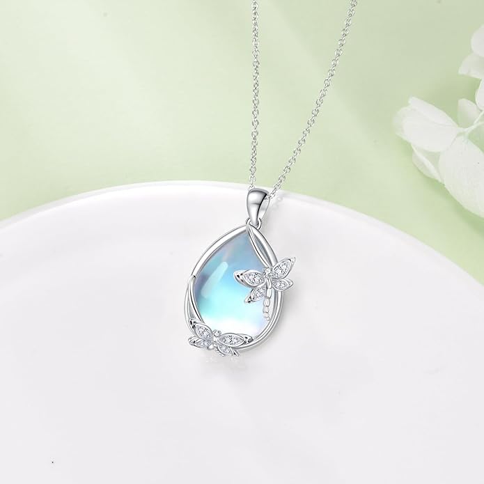 Moonstone Necklace for Women dragonfly Necklace 925 Sterling Silver Teardrop Moonstone Pendant Necklace Dragonfly Jewelry Gifts for Women