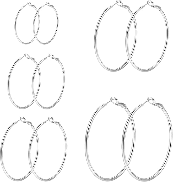 4/5/6 Pairs Stainless Steel 30/40/50/60/70 mm Silver 14K Gold Hoop Earrings for Women Hypoallergenic Big Thin Lightweight Dangle Set