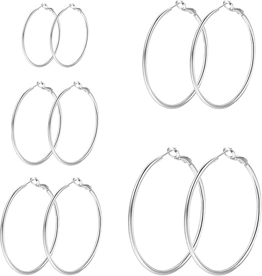 4/5/6 Pairs Stainless Steel 30/40/50/60/70 mm Silver 14K Gold Hoop Earrings for Women Hypoallergenic Big Thin Lightweight Dangle Set
