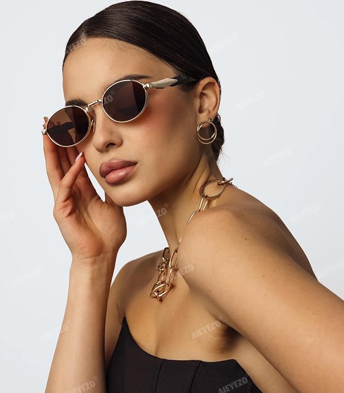 AIEYEZO Retro Oval Sunglasses for Women Men Trendy Fashion Round Sun Glasses Oval Metal Framed Shades