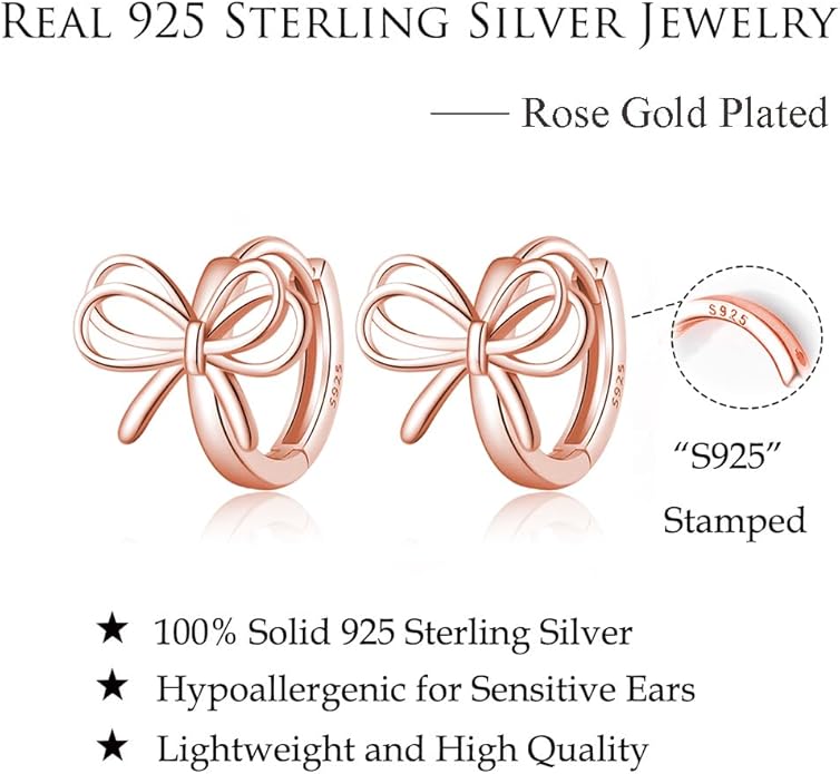 Reffeer Solid 925 Sterling Silver Bow Hoop Earrings Ribbon for Women Teen Girls Bowknot Hoop Earrings Huggie