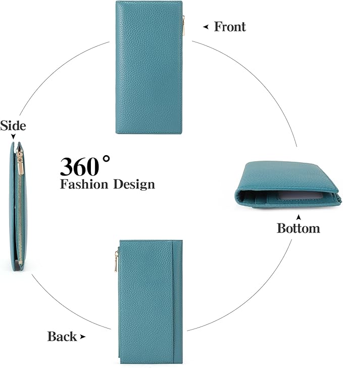 Slim Blue Wallet for Women, RFID Blocking Genuine Leather Bifold with Secure Zippered Coin Pocket (Blue)