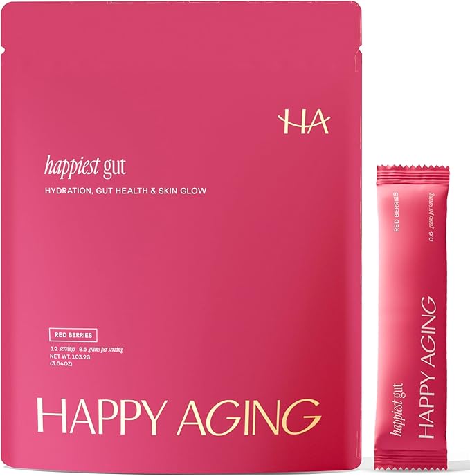 Happy Aging Happiest Gut Hydration Powder – Electrolytes + Probiotics + Dual Prebiotics + Hyaluronic Acid – Gut Balance, Skin Hydration & Daily Wellness – 12 Sticks (Red Berries)