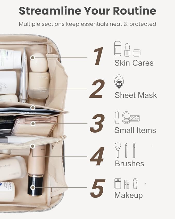 Travel Makeup Organizer Bag, Large Capacity Cosmetic Bags with Multiple Compartments, Open-Flat Toiletry Bag Portable Waterproof Pouch for Women Beauty Essentials (White)