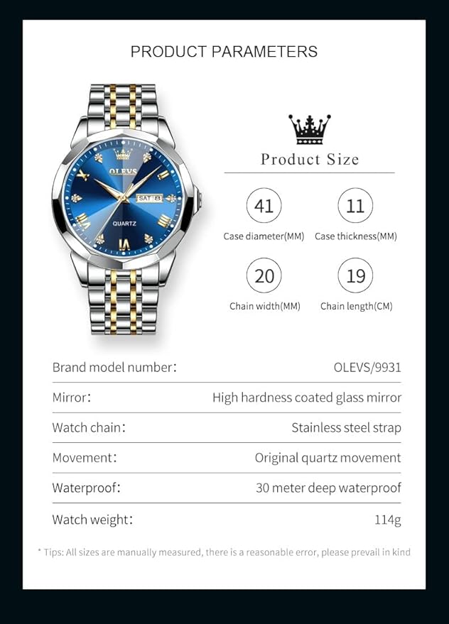 OLEVS Watch for Men Women Large Face Unisex Diamond Luxury Dress Analog Quartz Stainless Steel Waterproof Luminous Date Business Casual Wrist Watch