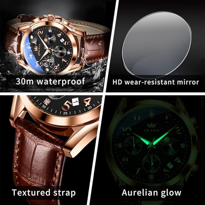 OLEVS Men's Watches Brown Leather with Date,Casual Watches for Men,Large Face Watches Men,Chronograph Mens Watch,Sport Waterproof Business Dress Analog Quartz Men's Wrist Watches Reloj De Hombre