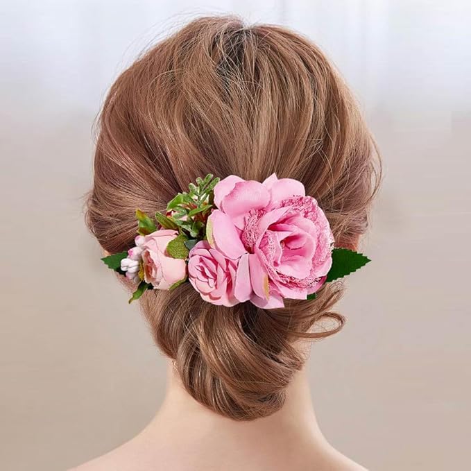 Flower Hair Clip for Women - Elegant Hair Accessory for Wedding, Party & Daily Wear (Pink)