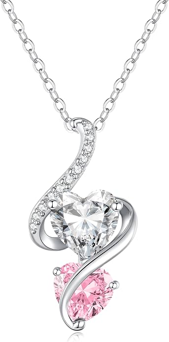 LOUISA SECRET Unique Double Heart Necklace Gifts for Wife Women, 925 Sterling Silver Tiny Birthstone Pendant Jewelry Gift for Her Girlfriend Mom Valentine's Day Anniversary Mother's Day Birthdays & Christmas