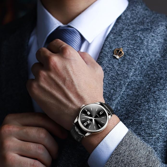 OLEVS Mens Watches Vintage Leather Band Dress Classic Easy Reader Arabic Numerals Analog Quartz Waterproof Date and Day Blue/Black/White Large Face Men's Wrist Watches