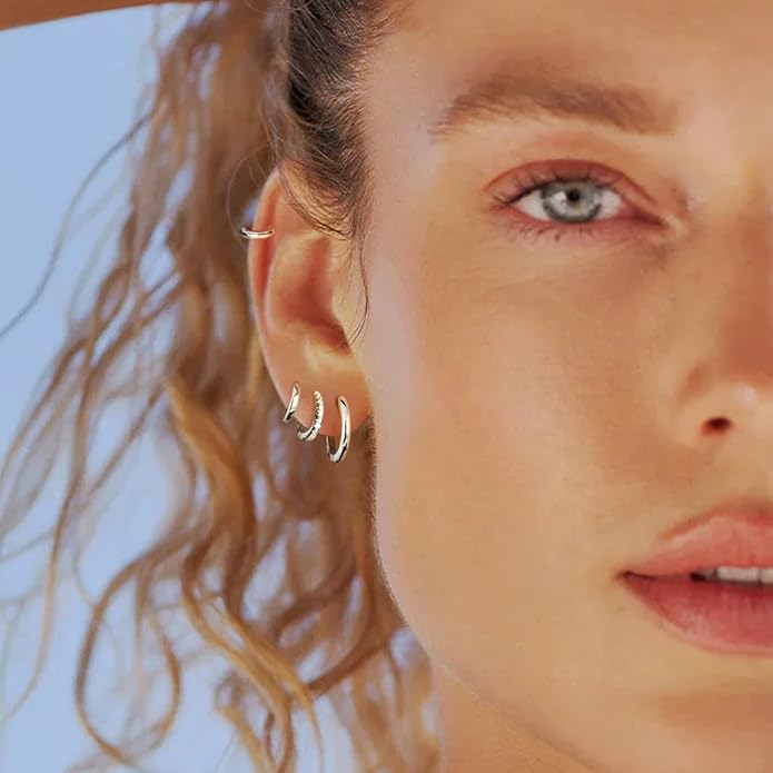 Small Gold Huggie Hoop Earrings Set for Women Men Hypoallergenic 14K Plated Stack Cartilage Earrings, Multiple Piercing Lightweight Mini Thin Cute Dainty Trendy Jewelry Set Christmas Gifts for Women