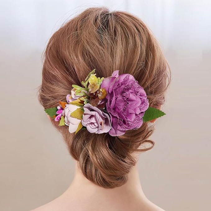 Flower Hair Clip for Women - Elegant Hair Accessory for Wedding, Party & Daily Wear (Purple)
