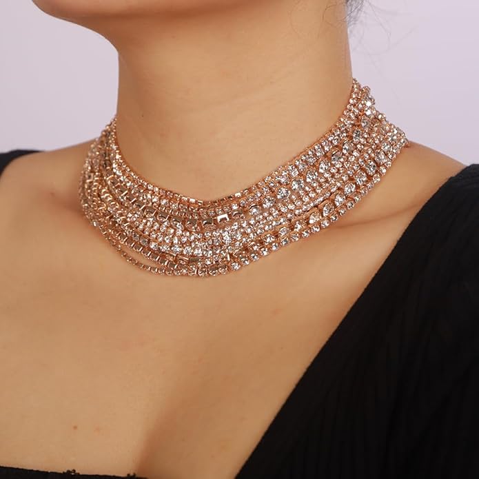 Boho Fashion Prom Shinny Luxury Rhinestones Choker Necklace Dainty Layered Sexy Body Chain Choker Necklace Dainty Gold Silver Halloween Christmas Necklace Gift for Women