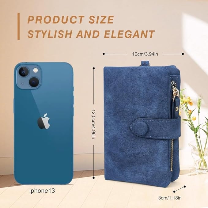 Women's Leather Wristlet Wallet, Bifold RFID Purse with ID Window, Zipper Coin Pocket for Daily Essentials (Navy blue)
