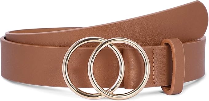 SUOSDEY Women Leather Belt Fashion Double O-Ring Soft Faux Leather Waist Belts For Jeans Dress