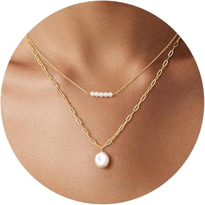 Yoosteel Pearl Necklace for Women - 14K Gold Plated Pearl Pendant Necklaces Minimalist Women Pearls Layered Necklace Dainty Trendy Bridal Bridesmaid Wedding Gifts for Her