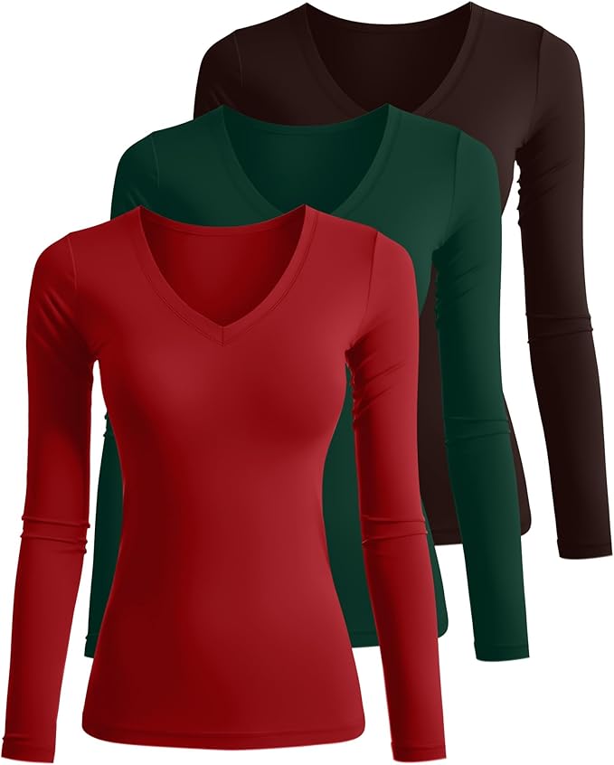 Ficerd 3 Pack Women's Long Sleeve Shirts, V Neck Basic Tees Slim Fitted Casual Fall Tops Going Out Blouses T Shirts
