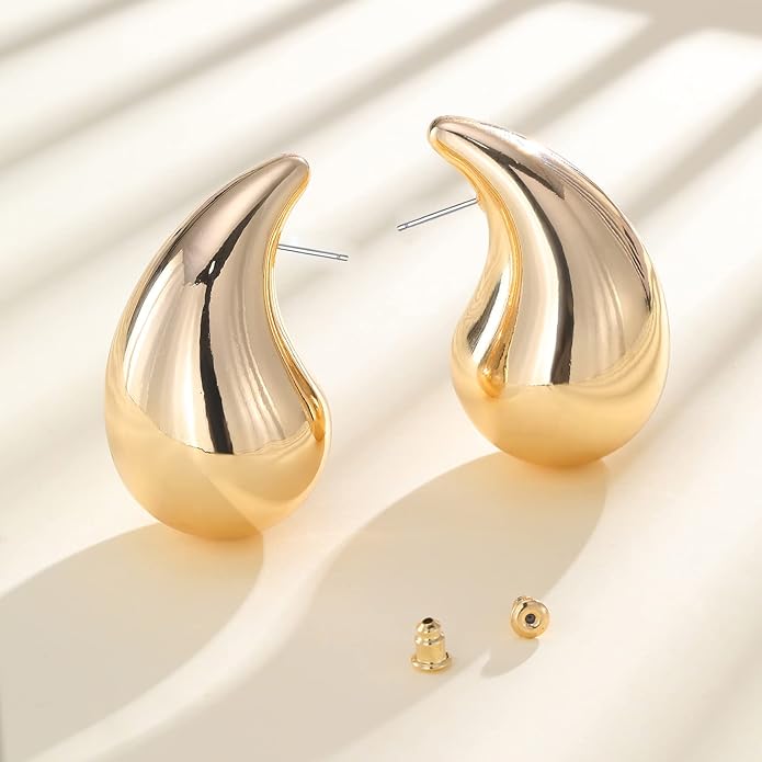 Apsvo Chunky 14K Gold Plated Hoop Earrings for Women, Lightweight Waterdrop Hollow Open Hoops, Hypoallergenic Dupes Earrings