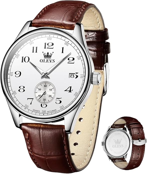 OLEVS Mens Watches Vintage Leather Band Dress Classic Easy Reader Arabic Numerals Analog Quartz Waterproof Date and Day Blue/Black/White Large Face Men's Wrist Watches