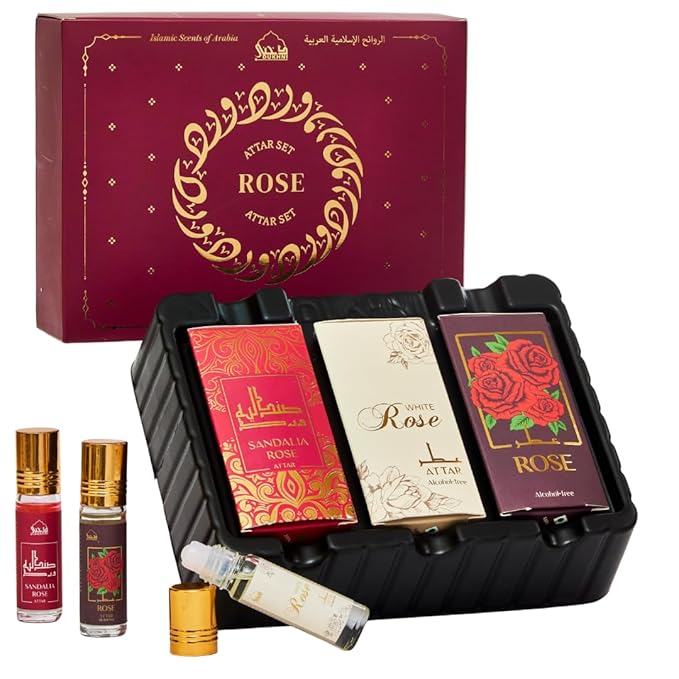 Dukhni Rose Attar Oil Set | Authentic Arabic Fragrance Oils 3pc x 6ml | 100% Pure, Alcohol-Free Original Gulab Attar Blends | Best gift for men & women, Ramadan gift, Islamic fragrance