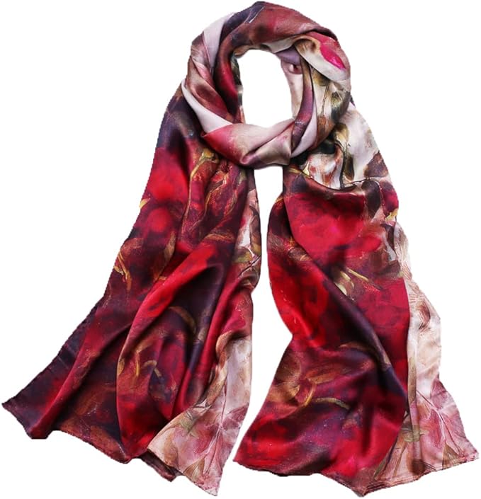 100% Mulberry Silk Scarfs for Women Floral Print Satin Long Scarf for Headscarf Hair Wraps Shawl with Gift Packed