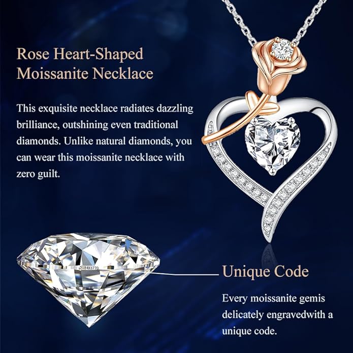 immobird 2 Carat Moissanite Necklace for Wife S925 Silver Rose Lab-Created Gem Heart Necklaces for Women Girlfriend Special Occasions Gifts Valentine's Day Gift