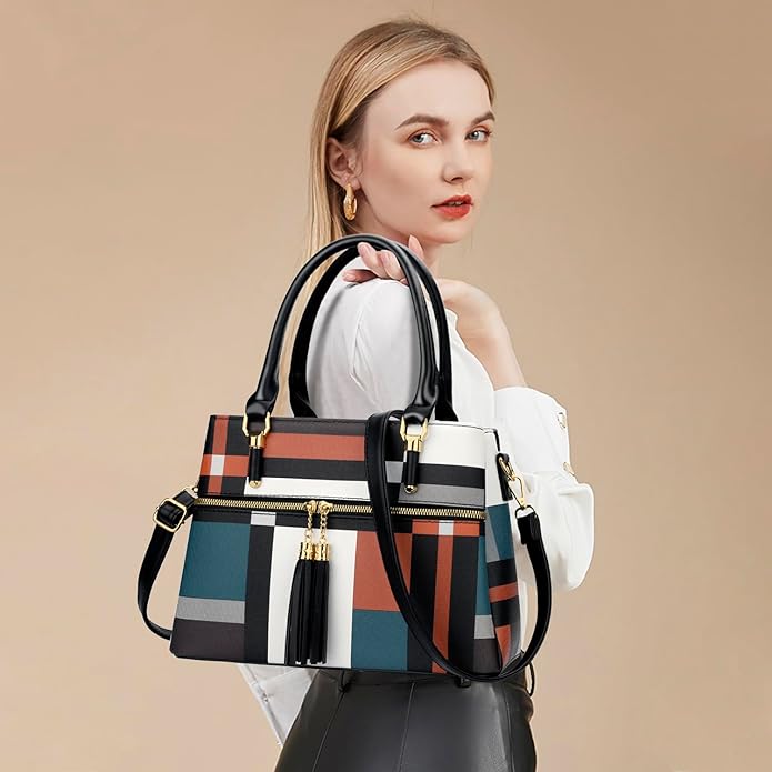 KKXIU Women Satchel Bags Handle Shoulder Handbags and Purses Pockets Zipper Leather Crossbody Bags