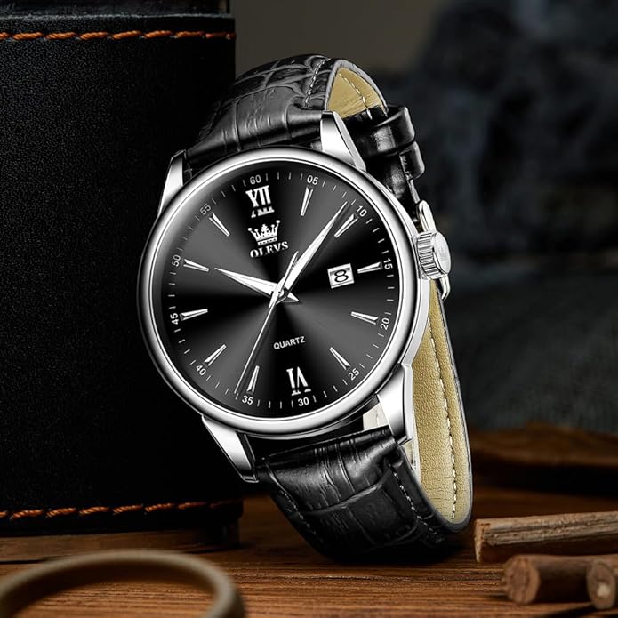 OLEVS Mens Watches Vintage Leather Band Dress Classic Easy Reader Arabic Numerals Analog Quartz Waterproof Date and Day Blue/Black/White Large Face Men's Wrist Watches