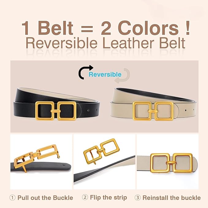 Reversible Genuine Leather Belt for Women - Gold Buckle for Jeans & Dresses