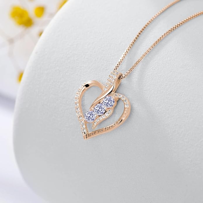 Rose Heart Birthstone Necklace for Women - Solid S925 Sterling Silver with Rose Gold Plated Infinity Symbol of Love Valentine's, Mother's Day, Anniversary, Christmas Birthday Gift for Her, Mom, Wife, or Girlfriend.