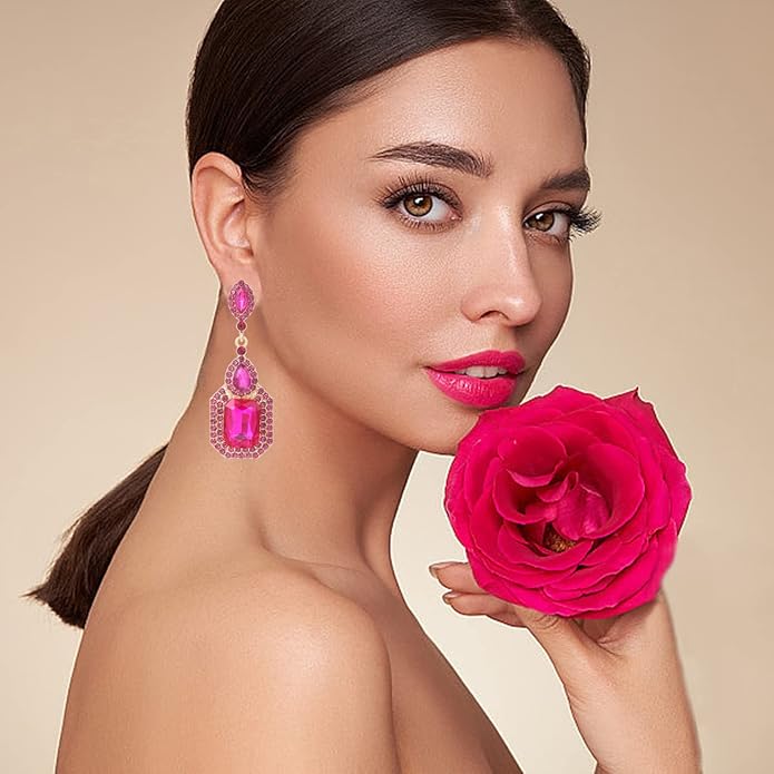 Vintage Rhinestone Dangle Statement Earrings Colorful Long Crystal Dangling Drop Earring for Women Formal Wedding Prom