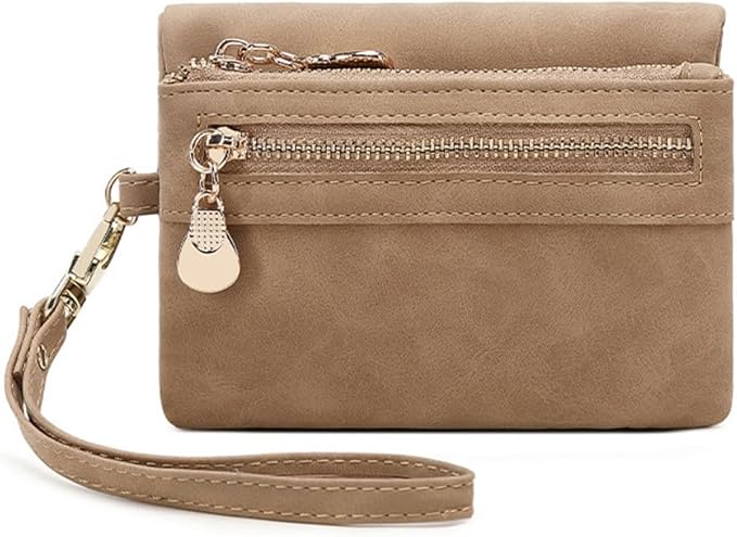 Women's Vintage Genuine Leather Handbag Wallet Dark Billfold Purse with Snap Closure for Daily Essentials (Beige)
