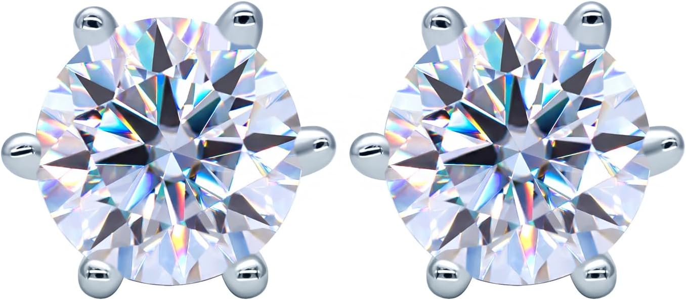 14K Gold 6-Prong Solitaire Stud Earrings for Women, 1ct D-Color VVS1 Round Cut Diamond, Luxury Gift Box Packaging