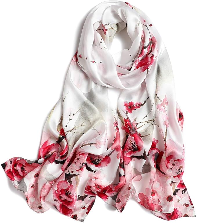 100% Mulberry Silk Scarfs for Women Floral Print Satin Long Scarf for Headscarf Hair Wraps Shawl with Gift Packed