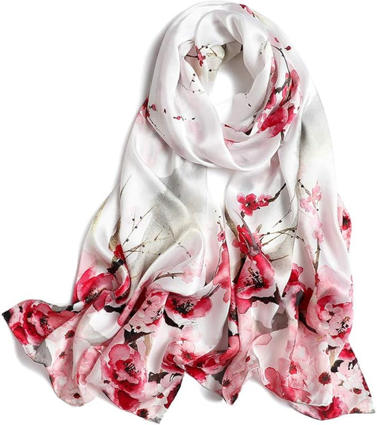 100% Mulberry Silk Scarfs for Women Floral Print Satin Long Scarf for Headscarf Hair Wraps Shawl with Gift Packed