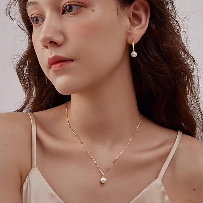 Real 14k Gold Pearl Necklaces and 18k Gold Pearl Earrings Set for Women, Fine Jewelry Gifts for Her,