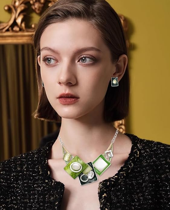 CSY Fashion Boho Oval Crystal Opals Statement Bib Necklace Earrings Bohemian Enamel Costume Jewelry Set Gifts for Women