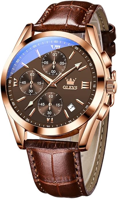 OLEVS Men's Casual Leather Watch, Big Face Chronograph Watch for Men, Fashion Easy to Read Dress Watch, Men's Waterproof Luminous Date Analog Watch, Gold/Black/White/Blue Dial