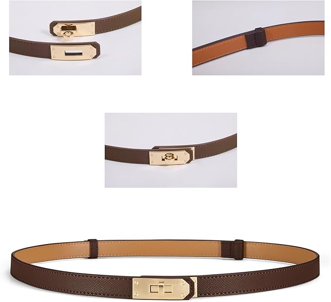 Skinny Leather Belts for Women with Adjustable Silver Turn-Lock Buckle for Dresses Jeans and Pants